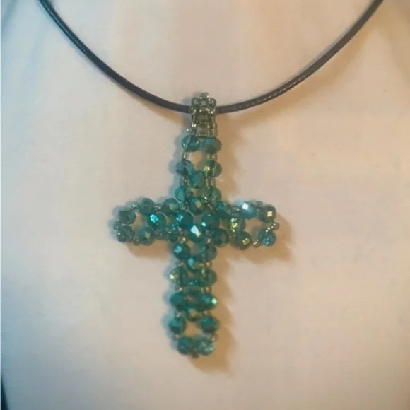 Crystal Hand-Beaded Turquoise Cross Pendant Necklace - Picture 2 of 3